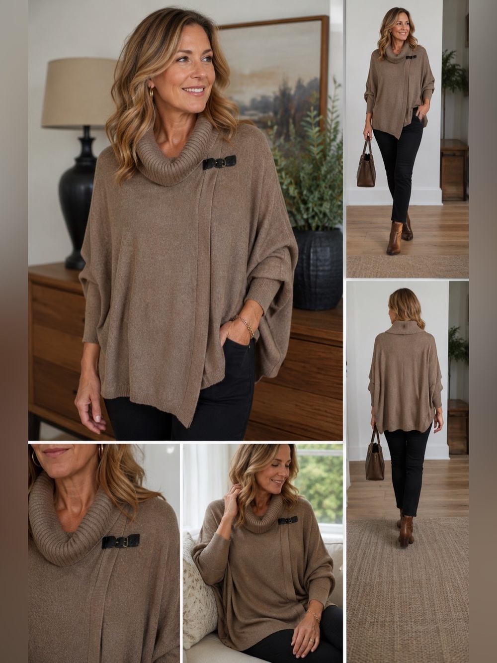 JM Collection Cowl Neck Faux Wrap Sweater Buckle Detail Brown Taupe Boho XL Chic